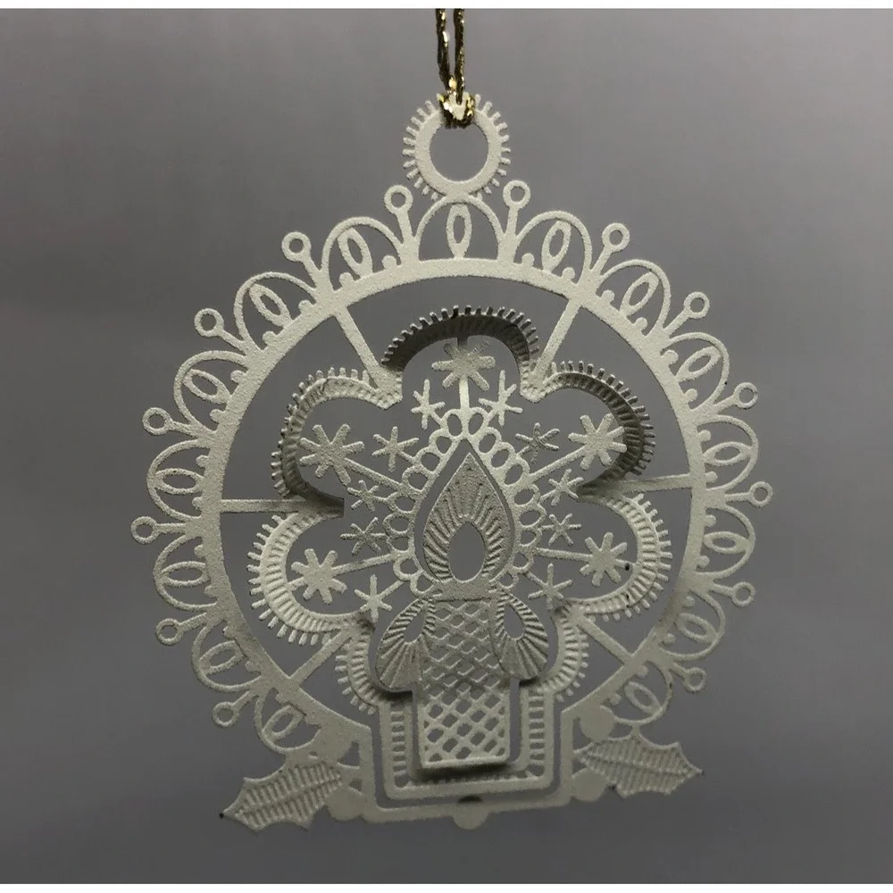 Vintage Christmas Ornament White‎ Type Metal Candle Delicate Cut-Out 2.5